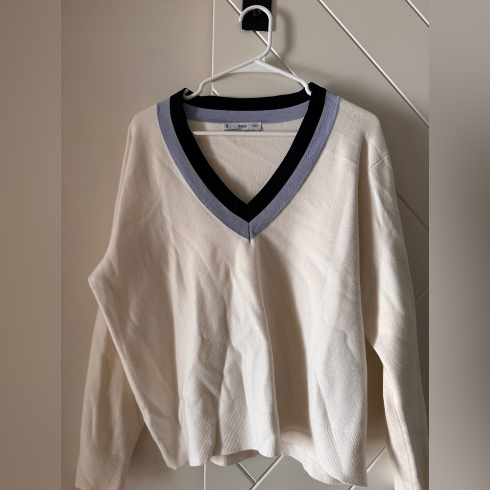Mango V-Neck Sweater with Black and White Trim